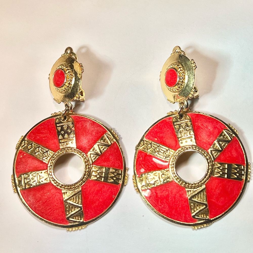 Vintage Berebi Statement Dangle Hoop Earrings Red Enamel Gold Tone Scroll Shield
